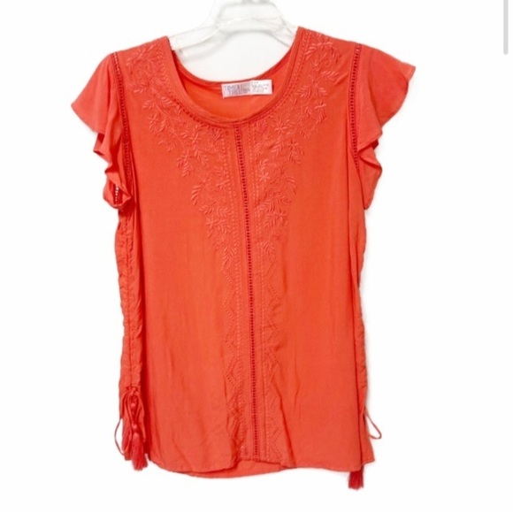 Time & Tru Bright Coral Top with Embroidery & Tassels Size Small - Picture 1 of 8